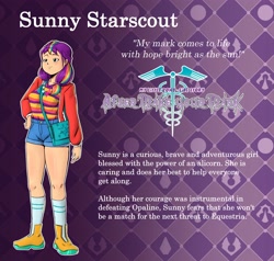 Size: 4096x3903 | Tagged: safe, artist:jackudoggy, sunny starscout, human, g5, bag, breasts, busty sunny starscout, clothes, denim, denim shorts, fanfic art, female, humanized, reference sheet, shorts, solo, text