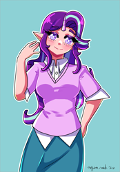 Size: 2437x3494 | Tagged: safe, artist:mylittleyuri, starlight glimmer, human, g4, blue background, blushing, clothes, cute, elf ears, female, glimmerbetes, horn, horned humanization, humanized, shirt, simple background, skirt, solo