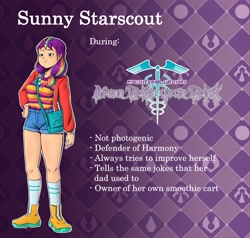 Size: 4096x3903 | Tagged: safe, alternate version, artist:jackudoggy, sunny starscout, human, g5, bag, breasts, busty sunny starscout, clothes, denim, denim shorts, fanfic art, female, humanized, reference sheet, shorts, solo, text