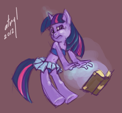 Size: 755x700 | Tagged: safe, artist:atryl, twilight sparkle, unicorn, anthro, unguligrade anthro, g4, 2012, bare shoulders, book, clothes, colored sketch, female, glowing, glowing hands, glowing horn, horn, magic, midriff, miniskirt, panties, simple background, sketch, skirt, solo, underwear