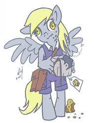 Size: 611x800 | Tagged: safe, artist:atryl, derpy hooves, pegasus, anthro, unguligrade anthro, g4, box, female, food, holding, mailmare, muffin, one ear down, simple background, solo, spread wings, wavy mouth, white background, wings
