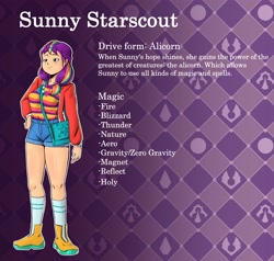 Size: 4096x3903 | Tagged: safe, alternate version, artist:jackudoggy, sunny starscout, human, g5, bag, breasts, busty sunny starscout, clothes, denim, denim shorts, fanfic art, female, humanized, reference sheet, shorts, solo, text