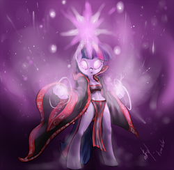 Size: 1128x1100 | Tagged: safe, alternate version, artist:atryl, twilight sparkle, anthro, unguligrade anthro, g4, breasts, cloak, clothes, female, glowing, glowing eyes, glowing hands, jewelry, loincloth, magic, pendant, solo