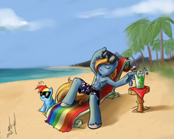 Size: 1500x1200 | Tagged: safe, alternate version, artist:atryl, rainbow dash, oc, oc:sonik, earth pony, anthro, unguligrade anthro, alcohol, beach, beach chair, chair, cocktail, deal with it, drink, eyes closed, glass, holding, lying down, male, mojito, ocean, on back, plushie, reaching, sunglasses, table, water