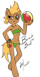 Size: 527x1000 | Tagged: safe, alternate version, artist:atryl, oc, oc only, oc:beach ball, anthro, unguligrade anthro, anthro oc, beach ball, bikini, breasts, clothes, ear piercing, eyebrows, female, piercing, raised eyebrow, simple background, small breasts, smiling, solo, swimsuit, white background