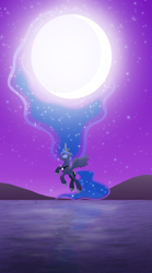 Size: 2194x3959 | Tagged: safe, artist:mr100dragon100, princess luna, g4, eyes closed, flying, impossibly large mane, moon, night, water
