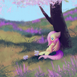 Size: 3000x3000 | Tagged: safe, artist:persikulka, fluttershy, pegasus, pony, rabbit, g4, against tree, animal, chest fluff, cute, ear fluff, female, grass, grass field, high res, lying down, mare, meadow, on back, outdoors, profile, shyabetes, signature, smiling, solo, tree, under the tree, wings