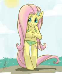 Size: 542x650 | Tagged: safe, artist:atryl, fluttershy, anthro, unguligrade anthro, g4, bra, clothes, female, frown, hairpin, panties, shy, solo, twiddling, underwear