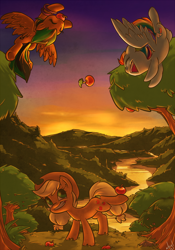 Size: 700x1000 | Tagged: safe, alternate version, artist:atryl, applejack, rainbow dash, oc, earth pony, pegasus, pony, g4, apple, female, flying, food, grin, juggling, mare, mouth hold, open mouth, open smile, scenery, smiling, sunset, trio