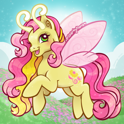 Size: 2400x2400 | Tagged: safe, artist:sparkytopia, breezie, g3, antennae, dancing daffodil, fairy wings, female, green eyes, looking at you, mare, open mouth, pink mane, smiling, solo, wings, yellow coat