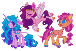 Size: 1500x1000 | Tagged: safe, artist:webkinzworldz, izzy moonbow, pipp petals, sunny starscout, earth pony, pegasus, pony, unicorn, g5, belly fluff, big ears, big eyes, blue mane, blue tail, blushing, braid, braided ponytail, chest fluff, chibi, cloven hooves, coat markings, colored eyebrows, colored hooves, colored pinnae, colored wings, colored wingtips, crown, curly mane, curly tail, eyebrows, eyebrows visible through hair, eyes closed, facial markings, female, flying, gradient horn, gradient legs, horn, impossibly large ears, jewelry, leonine tail, long horn, long legs, long mane, long tail, looking back, mare, multicolored mane, multicolored tail, nose blush, open mouth, open smile, orange coat, pink coat, ponytail, purple eyes, purple mane, purple tail, raised hoof, regalia, shiny hooves, simple background, slender, smiling, snip (coat marking), socks (coat markings), standing, tail, thin, tiara, trio, trio female, two toned mane, two toned tail, two toned wings, unshorn fetlocks, wall of tags, wavy mane, wavy tail, white background, wingding eyes, wings
