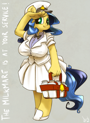 Size: 873x1200 | Tagged: safe, artist:atryl, oc, oc only, oc:milky way, earth pony, anthro, unguligrade anthro, anthro oc, big breasts, breasts, busty milky way, clothes, female, hat, mare, milk bottle, salute, shoes, simple background, skirt, smiling, solo