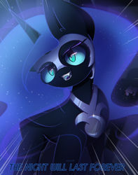 Size: 2050x2600 | Tagged: safe, artist:miryelis, nightmare moon, alicorn, pony, friendship is magic, g4, armor, big ears, female, glowing mane, mare, smiling, solo, standing, text, the night will last forever