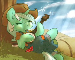 Size: 1000x800 | Tagged: safe, artist:atryl, lyra heartstrings, pony, unicorn, semi-anthro, g4, 30 minute art challenge, arm hooves, banjo, chewing tobacco, clothes, cowboy hat, cowgirl, crossed legs, eyes closed, female, hat, horn, music notes, musical instrument, overalls, sitting, solo, stetson