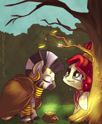 Size: 826x1000 | Tagged: safe, artist:atryl, cherry jubilee, zecora, earth pony, pony, zebra, g4, 30 minute art challenge, bracelet, cherry blossoms, cloak, clothes, crying, ear piercing, earring, eyes closed, female, flower, flower blossom, jewelry, mare, neck rings, piercing, quadrupedal, tears of joy, teary eyes, tree, tree carving, zebra magic