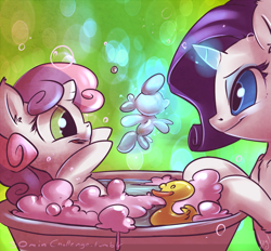 Size: 1000x927 | Tagged: safe, artist:atryl, rarity, sweetie belle, pony, unicorn, g4, 30 minute art challenge, balloon, balloon animal, bath, belle sisters, bubble, cute, diasweetes, duo, female, filly, foal, glowing, glowing horn, horn, magic, mare, open mouth, rubber duck, siblings, sisters, smiling, water