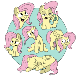 Size: 2620x2620 | Tagged: safe, artist:doodledonutart, fluttershy, pegasus, pony, g4, behaving like a cat, coffee mug, female, lidded eyes, looking at you, lying down, mare, messy mane, missing cutie mark, mug, on side, open mouth, scared, simple background, sleeping, smiling, tired, underhoof, wavy mouth, white background, wing hands, wings