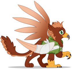 Size: 2766x2682 | Tagged: safe, artist:p-b-jay, oc, oc only, oc:pavlos, griffon, bandage, beak, broken bone, broken wing, cast, cheek fluff, claws, clothes, colored wings, commission, eared griffon, griffon oc, injured, male, non-pony oc, show accurate, simple background, sling, solo, tail, transparent background, wings