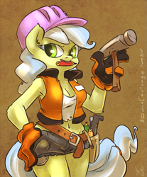 Size: 829x1000 | Tagged: safe, artist:atryl, ambrosia, cindy block, earth pony, anthro, g4, 30 minute art challenge, breasts, busty cindy block, cleavage, clothes, female, gloves, hammer, mouth hold, pencil, solo, tools