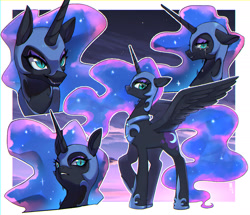 Size: 2036x1755 | Tagged: safe, artist:hosikawa, nightmare moon, alicorn, pony, g4, armor, bust, crying, ethereal mane, ethereal tail, female, floppy ears, looking at you, mare, multeity, passepartout, sharp teeth, side view, smiling, spread wings, tail, teeth, wings