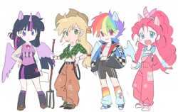 Size: 2048x1292 | Tagged: safe, artist:memoji_7672, applejack, pinkie pie, rainbow dash, twilight sparkle, human, g4, :3, :d, applejack's hat, boots, clothes, converse, cowboy hat, cutie mark on clothes, eared humanization, female, hand on hip, hat, headphones, horn, horned humanization, humanized, jacket, leg warmers, looking at you, midriff, open mouth, open smile, overalls, pitchfork, shoes, simple background, skirt, smiling, straw in mouth, sweater vest, white background, winged humanization, wings
