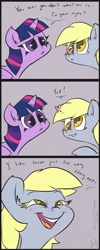 Size: 799x2000 | Tagged: safe, artist:atryl, derpy hooves, twilight sparkle, alicorn, butterfly, pony, g4, 30 minute art challenge, blushing, butterfly on nose, comic, cute, derpabetes, dialogue, ear fluff, female, gray background, insect on nose, mare, open mouth, simple background, smiling, twilight sparkle (alicorn)
