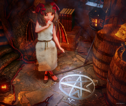 Size: 2600x2194 | Tagged: safe, artist:hevexy, oc, oc only, oc:akiko, demon, succubus, anthro, plantigrade anthro, 3d, barrel, blender, book, chalk, child, clothes, crossed legs, cute, drawing, dress, elf ears, female, finger in mouth, fire, freckles, happy, hell, holding, horns, indoors, lantern, looking at you, makeup, night, pentagram, room, skull, smiling, smiling at you, smirk, solo, spear, standing, weapon, window, wings
