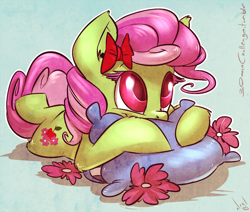 Size: 1000x849 | Tagged: safe, artist:atryl, florina tart, earth pony, pony, g4, 30 minute art challenge, apple family member, background pony, cute, female, flower, lying down, mare, pillow, prone, smiling