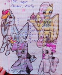 Size: 2896x3506 | Tagged: safe, artist:destiny_manticor, fluttershy, pinkie pie, rainbow dash, twilight sparkle, pegasus, robot, unicorn, semi-anthro, g4, animatronic, cupcake, female, five nights at freddy's, flutterchica, food, foxy dash, high res, horn, lined paper, looking at you, old art, sharp teeth, simple background, sketch, teeth, traditional art, twibon