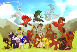 Size: 2000x1351 | Tagged: oc name needed, safe, artist:atryl, oc, oc only, oc:ticket, alicorn, changeling, earth pony, pony, unicorn, bronycon 2013, armor, bipedal, clothes, flying, group, horn, scythe, sitting, smiling, socks, spread wings, standing, striped socks, sunglasses, wings