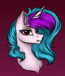 Size: 1478x1717 | Tagged: safe, artist:darklight1315, oc, oc:darkshadow, pony, unicorn, chest fluff, ear fluff, eyeshadow, female, gradient background, horn, makeup, mare, red eyes, solo