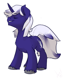 Size: 966x1200 | Tagged: oc name needed, safe, artist:atryl, oc, oc only, pony, unicorn, eyes closed, grin, horn, simple background, smiling, solo, unshorn fetlocks, white background