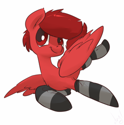 Size: 1200x1207 | Tagged: oc name needed, safe, artist:atryl, oc, oc only, pegasus, pony, clothes, flying, red coat, red mane, simple background, smiling, socks, solo, striped socks, white background