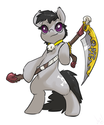 Size: 997x1200 | Tagged: oc name needed, safe, artist:atryl, oc, oc only, earth pony, pony, bipedal, hoof hold, scythe, simple background, skull, smiling, solo, white background