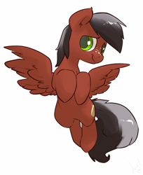 Size: 977x1200 | Tagged: oc name needed, safe, artist:atryl, oc, oc only, pegasus, pony, flying, freckles, hooves to the chest, simple background, smiling, solo, white background