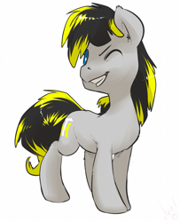Size: 973x1200 | Tagged: oc name needed, safe, artist:atryl, oc, oc only, earth pony, pony, gray coat, grin, looking at you, one eye closed, simple background, smiling, solo, turned head, white background, wink, winking at you