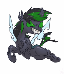 Size: 810x935 | Tagged: oc name needed, safe, artist:atryl, oc, oc only, changeling, flying, green changeling, looking at you, simple background, snarling, solo, white background
