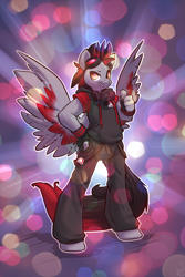 Size: 866x1300 | Tagged: safe, artist:atryl, oc, oc only, pegasus, anthro, unguligrade anthro, clothes, colored feathertips, eyebrows, grin, hoodie, male, pants, raised eyebrow, respirator, smiling, solo, spread wings, thumbs up, wings