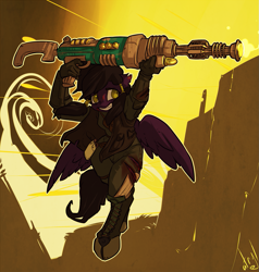 Size: 1141x1200 | Tagged: safe, artist:atryl, oc, oc only, oc:mir, pegasus, anthro, unguligrade anthro, fallout equestria, blood, clothes, cut, fallout, female, flying, gun, injured, outline, recharger rifle, shrunken pupils, smiling, solo, vest, weapon