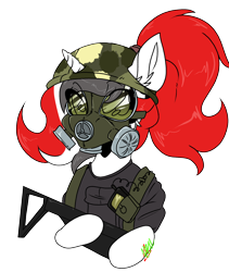 Size: 1464x1732 | Tagged: artist needed, safe, oc, oc only, oc:red rocket, unicorn, adrian shephard, clothes, cosplay, costume, eyes open, gas mask, gun, h.e.c.u., half-life, half-life: opposing force, helmet, horn, mask, ponytail, radio, shirt, simple background, solo, transparent background, weapon