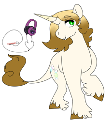 Size: 1599x1726 | Tagged: safe, artist:void-home, pony, unicorn, colored horn, headphones, horn, leonine tail, multicolored horn, simple background, solo, tail, unshorn fetlocks, white background