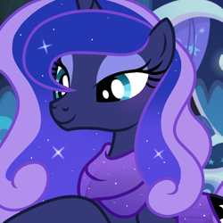 Size: 1080x1082 | Tagged: safe, artist:cstrawberrymilk, princess luna, alicorn, pony, g4, alternate hairstyle, bust, closed mouth, clothes, ethereal mane, eyeshadow, female, gradient mane, lidded eyes, makeup, mare, missing accessory, portrait, scarf, show accurate, smiling, solo, sparkly mane, teal eyes