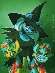Size: 916x1200 | Tagged: safe, artist:atryl, snails, snips, trixie, alicorn, unicorn, anthro, g4, 30 minute art challenge, alicornified, breasts, cleavage, crossover, hat, horn, looking at you, race swap, smiling, the wizard of oz, trio, trixie's fans, wicked witch of the west, witch hat