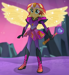 Size: 1000x1084 | Tagged: safe, artist:emeraldblast63, ray, sunset shimmer, gecko, human, leopard gecko, equestria girls, g4, artificial wings, augmented, boots, clothes, crystal heart, cute, denim, gloves, heart, high heel boots, jeans, magical girl, pants, señor g. echo, shimmerbetes, shoes, solo, wand, wings
