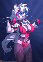 Size: 840x1200 | Tagged: safe, artist:atryl, oc, oc only, oc:nhala, chinese dragon, dragon, earth pony, hybrid, anthro, :p, abstract background, barbel, bell, bell collar, bicep flex, breasts, cleavage, collar, eye mist, female, muscles, muscular female, solo, superhero, tongue out