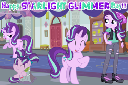 Size: 6670x4441 | Tagged: safe, artist:shieldwingarmorofgod, starlight glimmer, human, unicorn, equestria girls, g4, beanie, clothes, cute, equal cutie mark, eyeshadow, female, filly, foal, glimmerbetes, hat, horn, makeup, mare, pants, pigtails, purple eyeshadow, ripped pants, school of friendship, starlight glimmer day, torn clothes, twintails