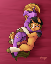 Size: 4000x5000 | Tagged: safe, artist:supermoix, oc, oc:pogo springs, pony, unicorn, beanie, bed, body pillow, cuddling, cute, eyes closed, gay, hat, horn, hug, looking up, male, simple background, stallion
