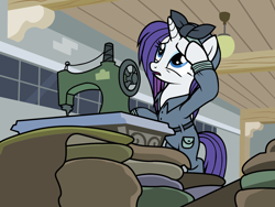 Size: 2048x1536 | Tagged: safe, budge studios, rarity, pony, unicorn, g4, my little pony color by magic, official, .svg available, alternate timeline, clothes, crystal war timeline, female, hairband, horn, jumpsuit, mare, rarity the riveter, sewing machine, solo, svg, vector, wiping brow