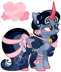 Size: 1024x1213 | Tagged: safe, artist:strawberry-spritz, oc, oc only, alicorn, pony, bow, female, hair bow, mare, offspring, parent:king sombra, parent:rainbow dash, parents:sombradash, simple background, solo, tail, tail bow, transparent background