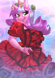 Size: 3500x5000 | Tagged: safe, alternate version, artist:atryl, oc, oc only, oc:ivy lush, unicorn, anthro, absurd resolution, anthro oc, big breasts, breasts, clothes, cute, dress, female, horn, lolita fashion, mare, patreon, patreon logo, smiling, solo